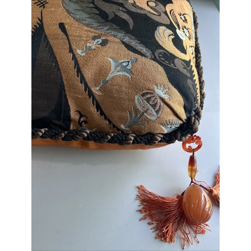 Silk Embroidered Floral  Tapestry Pillow w/Tassels Braided Rope 20x15 Lux
